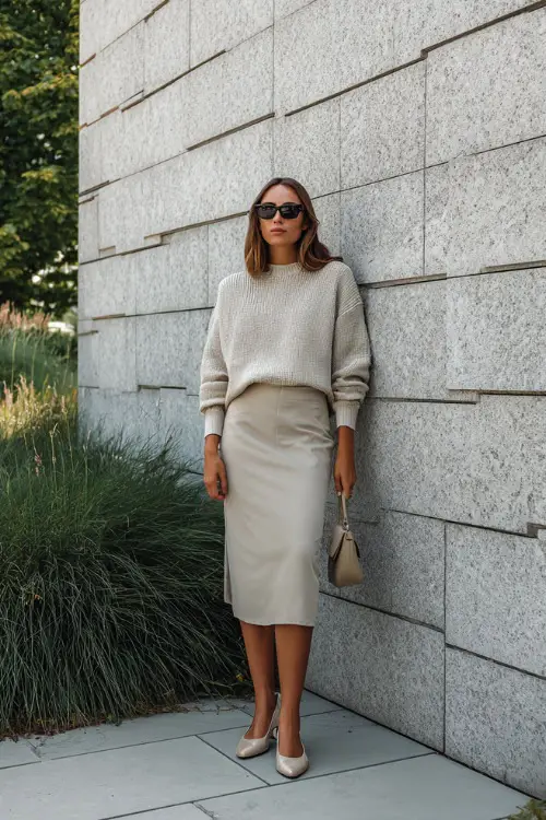A woman wearing a light beige sweater styled with a neutral midi skirt and ballet flats, standing near a modern stone wall with soft greenery 