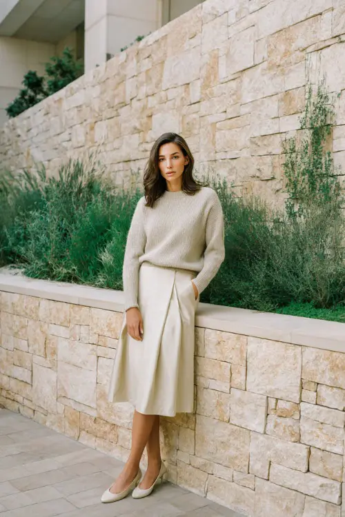 A woman wearing a light beige sweater styled with a neutral midi skirt and ballet flats, standing near a modern stone wall with soft greenery