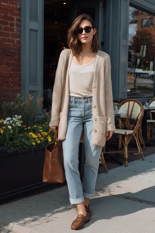 A woman wearing a lightweight neutral cardigan layered over a simple tank top and straight-leg jeans, paired with loafers and a leather shoulder bag 