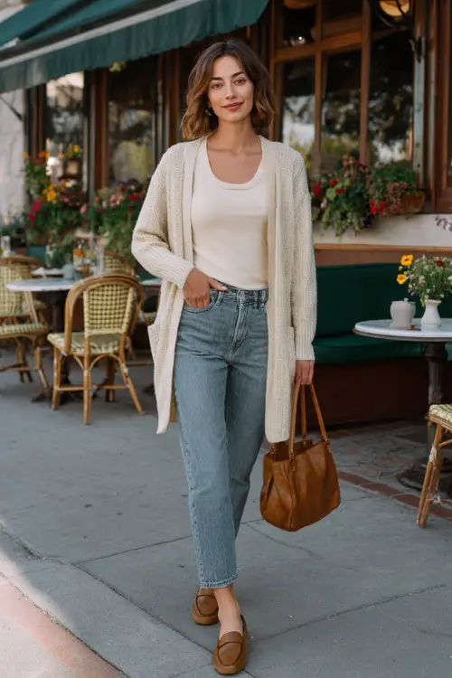 A woman wearing a lightweight neutral cardigan layered over a simple tank top and straight-leg jeans, paired with loafers and a leather shoulder bag