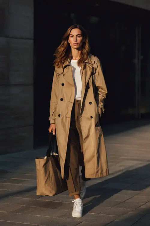 A woman wearing a lightweight trench coat layered over neutral separates with straight-leg jeans, styled with white sneakers and a tote