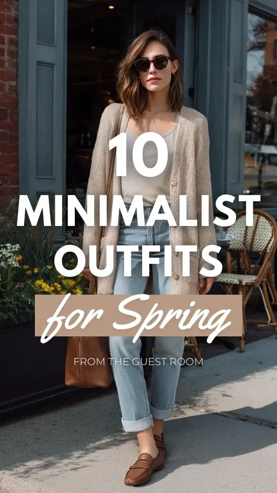A woman wearing a minimalist outfit for spring with a neutral cardigan layered over a simple tank top and straight-leg jeans, paired with loafers and a leather shoulder bag