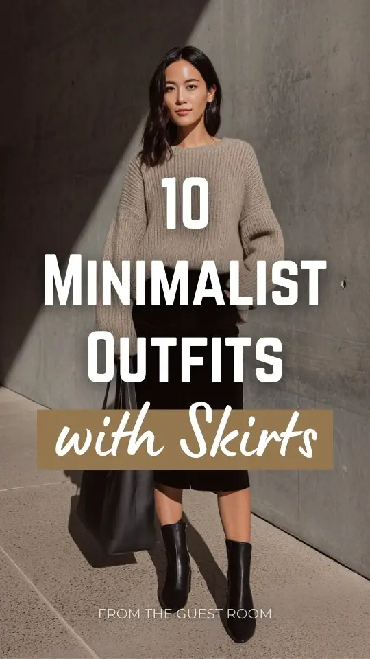 A woman wearing a minimalist outfit with a skirt, a soft knit neutral sweater, paired with ankle boots and a structured tote