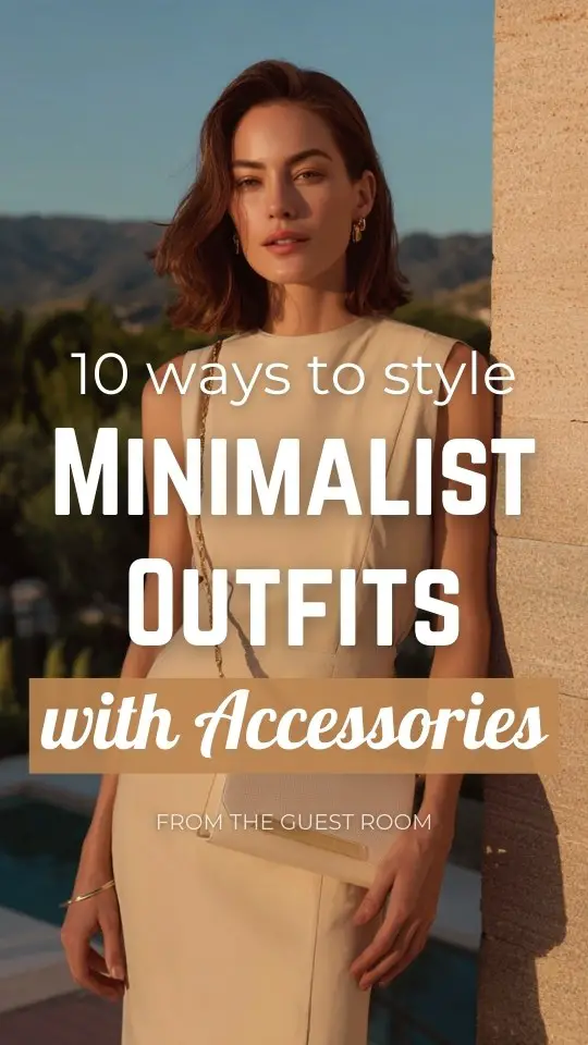 A woman wearing a minimalist outfit with accessories like a bag, earrings and a soft beige midi dress with clean lines