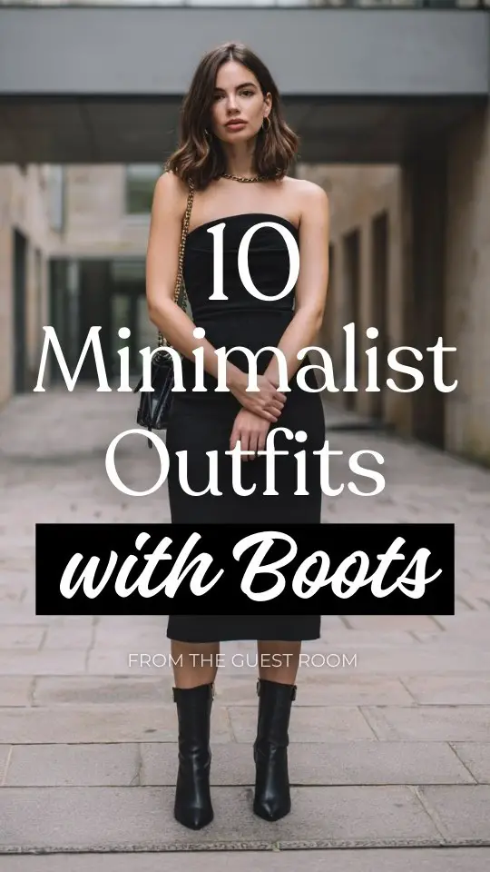 A woman wearing a minimalist outfit with boots, a black midi dress with clean lines, and a small shoulder bag