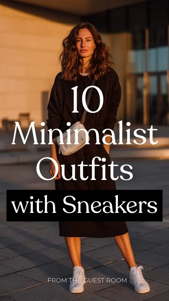 A woman wearing a minimalist outfit with sneakers, a relaxed black midi dress with simple lines, and a crossbody bag