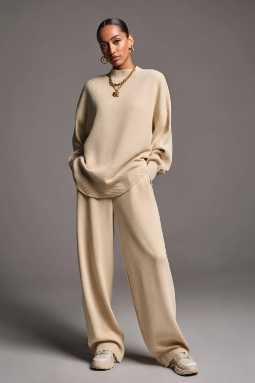 A woman wearing a monochrome beige knit set with a fitted top and wide-leg trousers, styled with minimalist sneakers and delicate gold jewelry