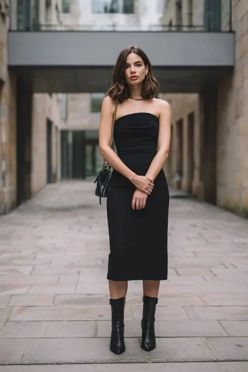 A woman wearing a monochrome black midi dress with clean lines, styled with minimalist heeled boots and a small shoulder bag