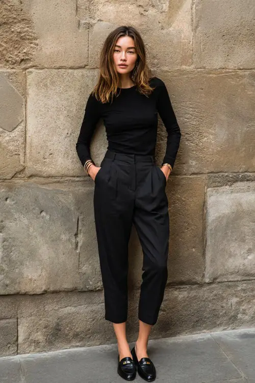 A woman wearing a monochrome black outfit with a fitted top and straight-leg pants, styled with simple loafers and subtle jewelry, photographed with minimal lighting
