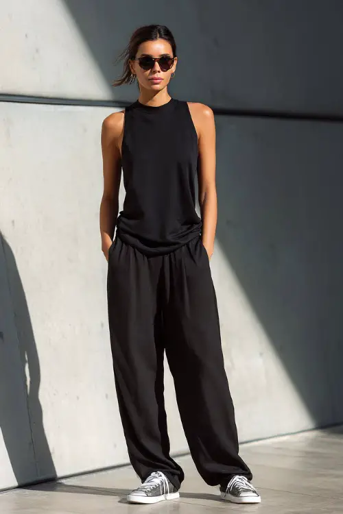 A woman wearing a monochrome black sleeveless top paired with relaxed trousers, styled with minimalist sneakers and sunglasses