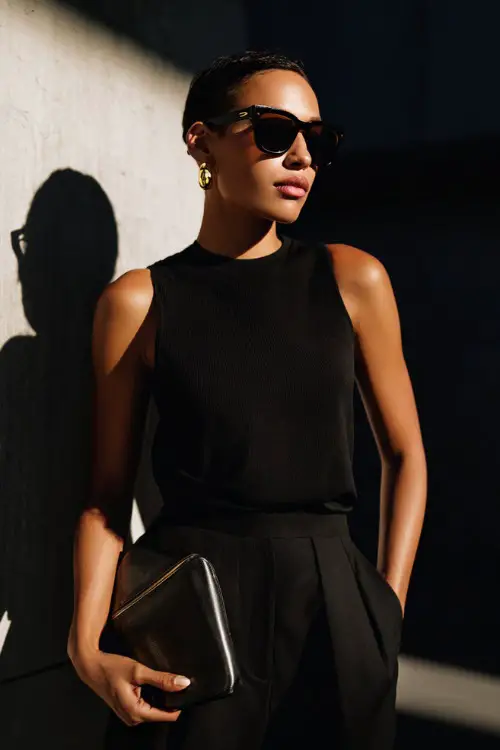 A woman wearing a monochrome black sleeveless top paired with tailored black trousers, styled with oversized sunglasses, a leather clutch, and minimalist gold hoops 