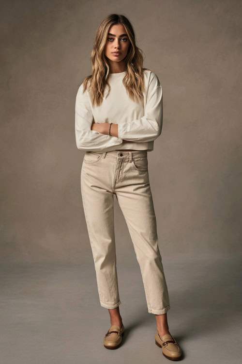 A woman wearing a monochrome cream long-sleeve top paired with matching neutral-toned jeans, styled with loafers and understated accessories 