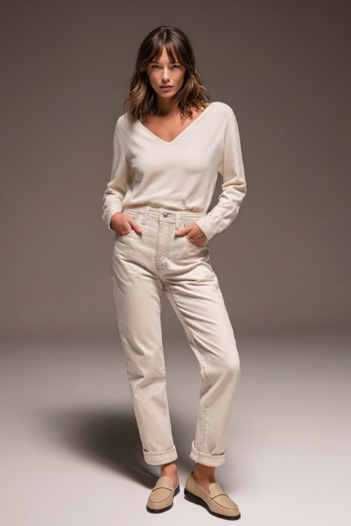 A woman wearing a monochrome cream long-sleeve top paired with matching neutral-toned jeans, styled with loafers and understated accessories