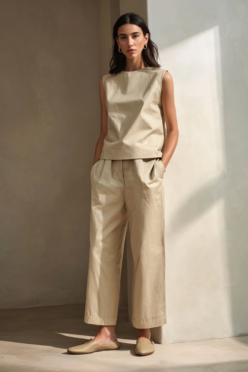 A woman wearing a monochrome oatmeal-toned outfit with a sleeveless top and matching wide-leg pants, styled with slip-on flats and subtle accessories 