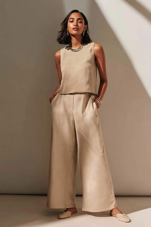 A woman wearing a monochrome oatmeal-toned outfit with a sleeveless top and matching wide-leg pants, styled with slip-on flats and subtle accessories 