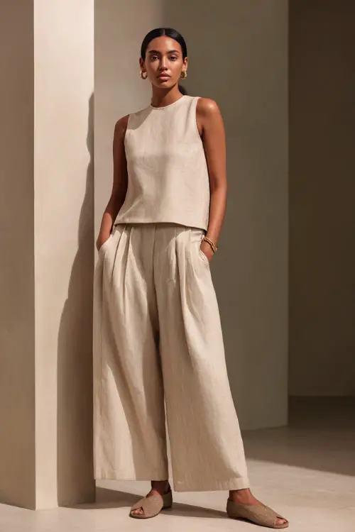 A woman wearing a monochrome oatmeal-toned outfit with a sleeveless top and matching wide-leg pants, styled with slip-on flats and subtle accessories
