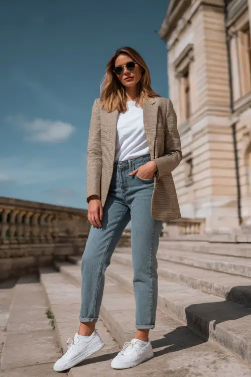 A woman wearing a neutral blazer layered over a white tee and straight-leg jeans, styled with sleek sneakers and sunglasses