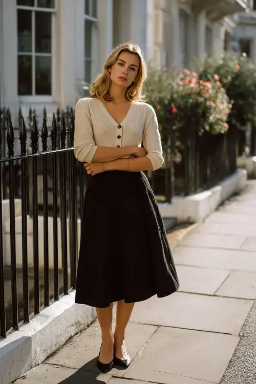 A woman wearing a neutral cropped cardigan buttoned up with a black midi skirt, styled with ballet flats