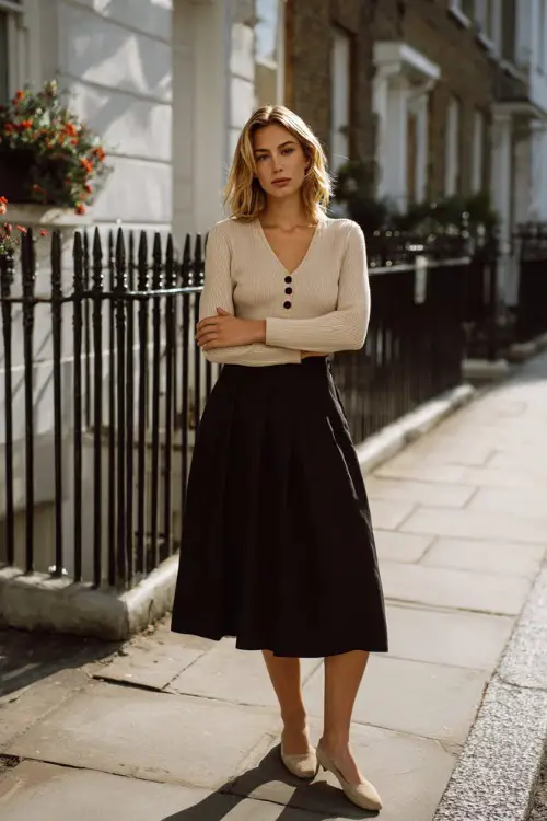 A woman wearing a neutral cropped cardigan buttoned up with a black midi skirt, styled with ballet flats