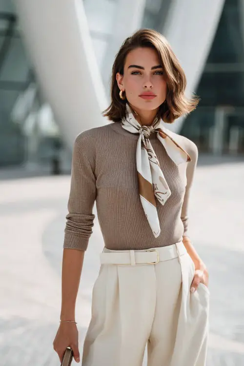 A woman wearing a neutral knit top tucked into high-waisted cream trousers, styled with a silk scarf tied at the neck and a structured tote 