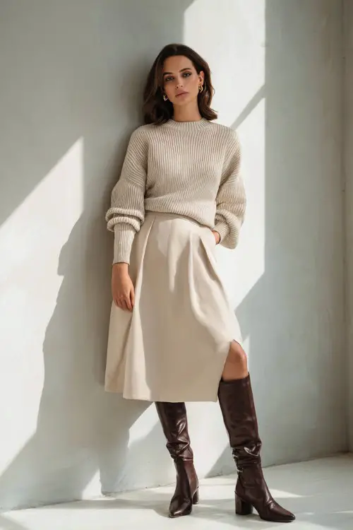 A woman wearing a neutral ribbed sweater paired with a beige midi skirt, styled with simple leather boots and subtle jewelry 