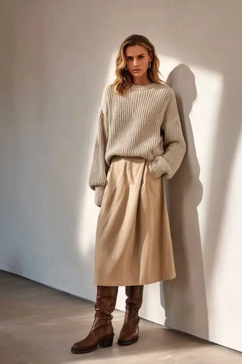 A woman wearing a neutral ribbed sweater paired with a beige midi skirt, styled with simple leather boots and subtle jewelry