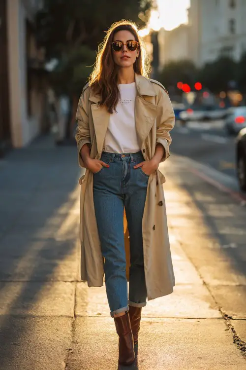 A woman wearing a relaxed beige trench coat layered over a white tee and classic blue jeans, styled with leather ankle boots and sunglasses 