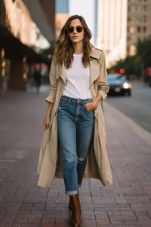 A woman wearing a relaxed beige trench coat layered over a white tee and classic blue jeans, styled with leather ankle boots and sunglasses