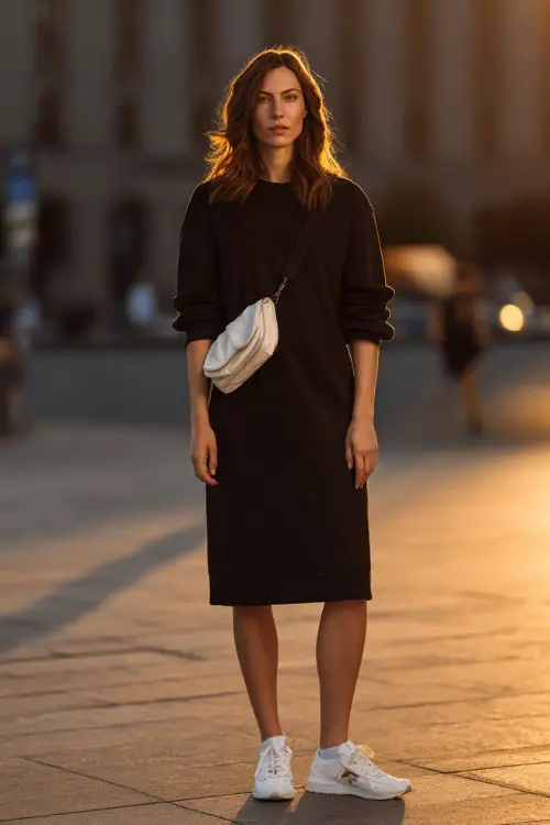 A woman wearing a relaxed black midi dress with simple lines, styled with classic white sneakers and a crossbody bag 