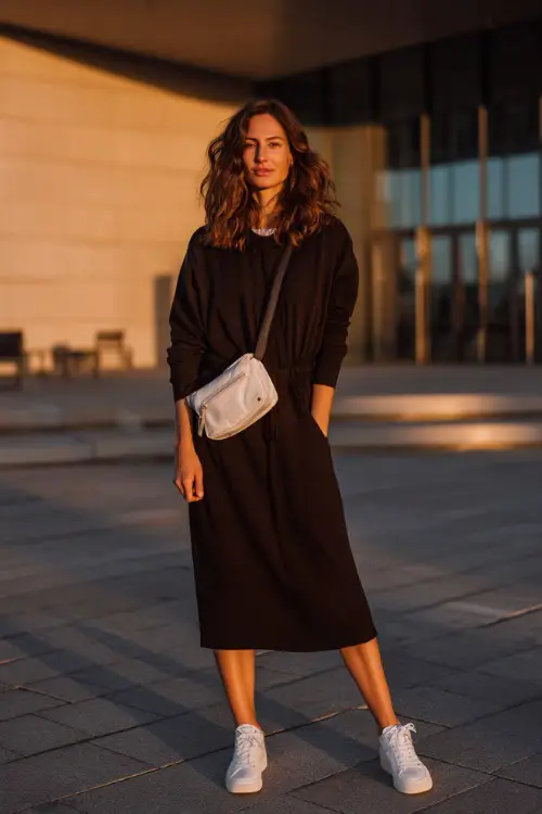 A woman wearing a relaxed black midi dress with simple lines, styled with classic white sneakers and a crossbody bag