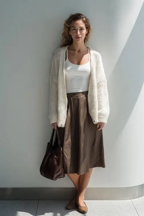 A woman wearing a relaxed ivory cardigan layered over a white tank top and a neutral midi skirt, styled with ballet flats and a leather shoulder bag 