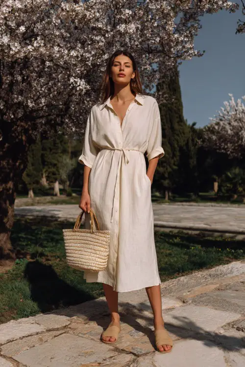 A woman wearing a relaxed ivory midi dress with subtle movement, styled with flat sandals and a woven minimalist handbag 