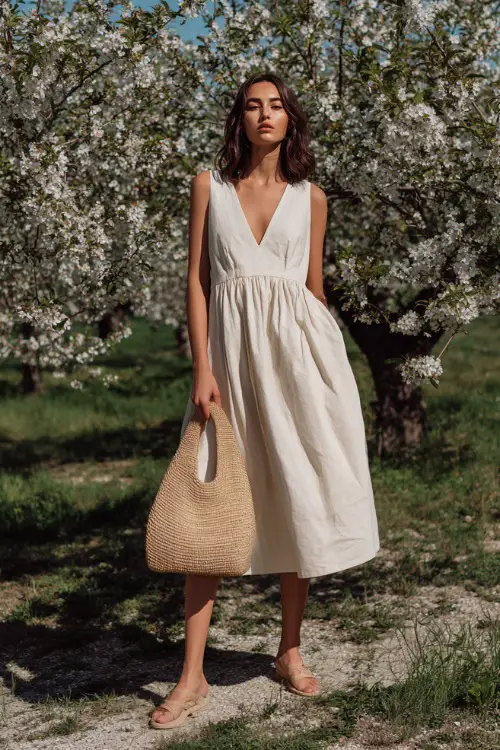 A woman wearing a relaxed ivory midi dress with subtle movement, styled with flat sandals and a woven minimalist handbag