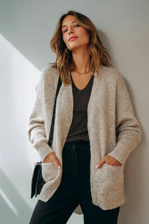 A woman wearing a relaxed neutral cardigan layered over a simple top and black trousers, styled with ankle boots and a crossbody bag 