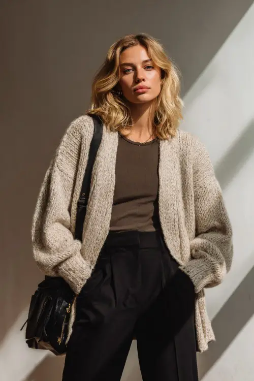 A woman wearing a relaxed neutral cardigan layered over a simple top and black trousers, styled with ankle boots and a crossbody bag