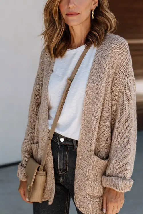 A woman wearing a relaxed neutral cardigan layered over a white tee and straight-leg jeans, styled with a crossbody bag and minimalist earrings