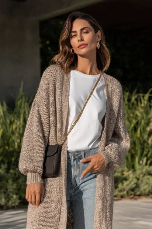 A woman wearing a relaxed neutral cardigan layered over a white tee and straight-leg jeans, styled with a crossbody bag and minimalist earrings,