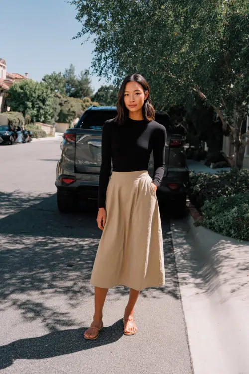 A woman wearing a simple black long-sleeve top tucked into a flowy neutral midi skirt, styled with minimalist sandals