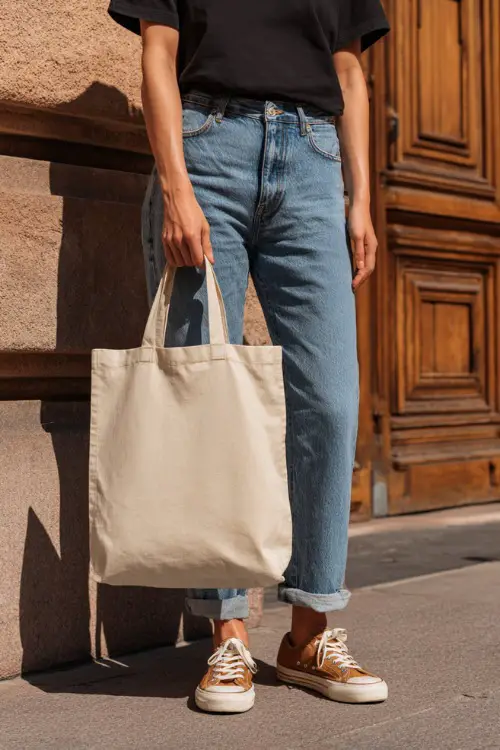 A woman wearing a simple black t-shirt tucked into relaxed-fit blue jeans, styled with leather sneakers and a canvas tote 