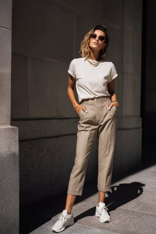 A woman wearing a simple neutral t-shirt tucked into cropped tailored trousers, styled with sleek sneakers and minimal jewelry