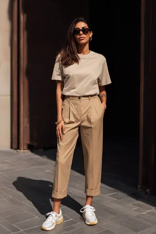 A woman wearing a simple neutral t-shirt tucked into cropped tailored trousers, styled with sleek sneakers and minimal jewelry