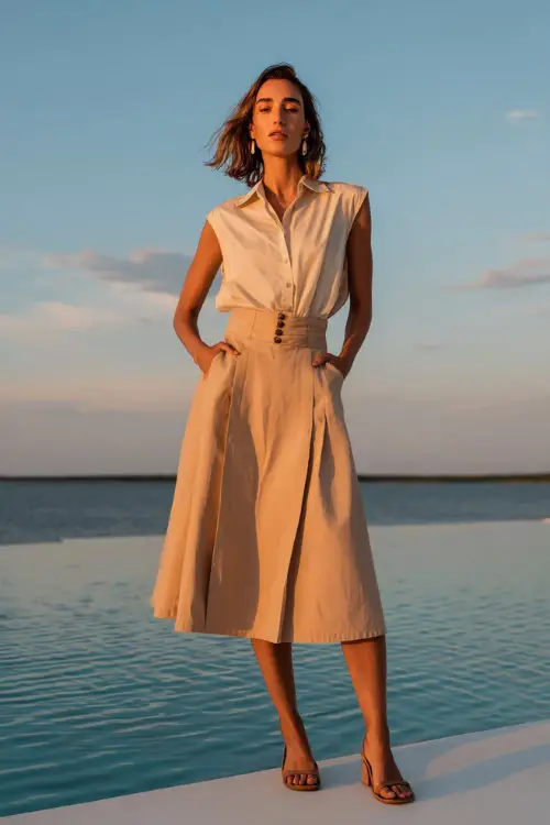 A woman wearing a sleeveless beige blouse tucked into an A-line midi skirt in a matching tone, styled with flat sandals and subtle accessories