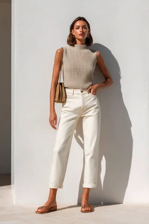A woman wearing a sleeveless neutral knit top paired with cropped straight-leg jeans, styled with minimalist sandals and a structured mini bag 