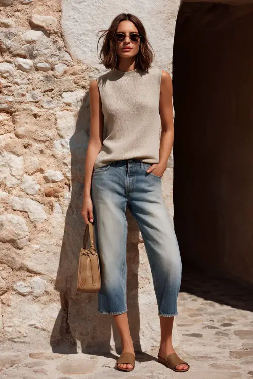 A woman wearing a sleeveless neutral knit top paired with cropped straight-leg jeans, styled with minimalist sandals and a structured mini bag