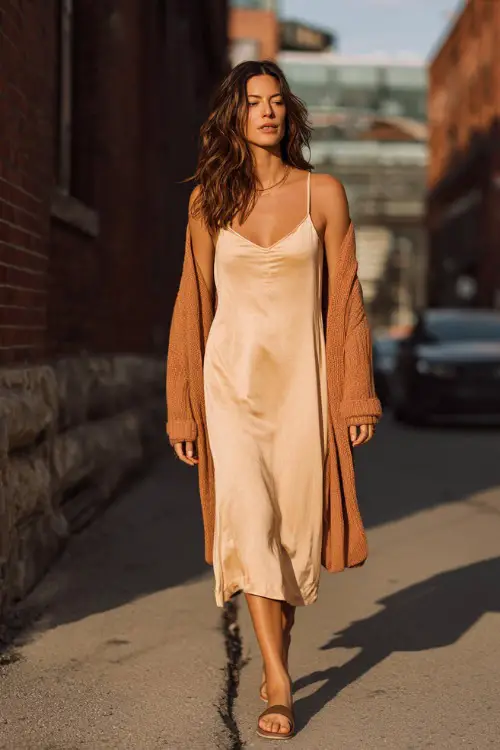 A woman wearing a slip-style midi dress in a neutral tone layered with a lightweight cardigan, styled with minimalist sandals 