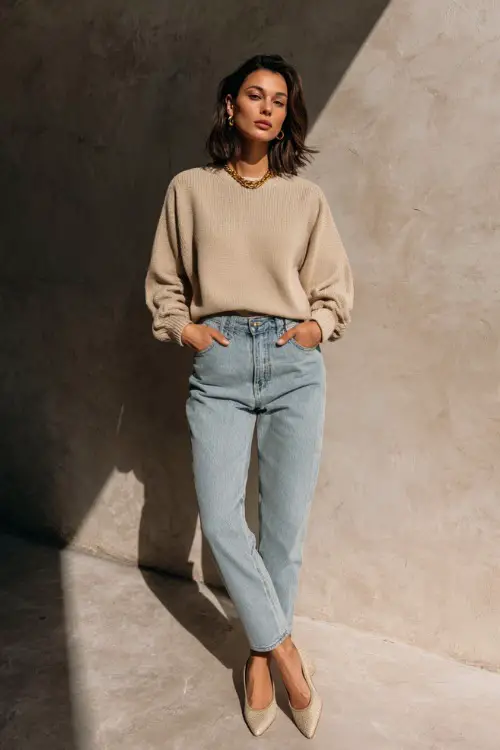 A woman wearing a soft beige knit sweater paired with high-waisted light-wash jeans, styled with ballet flats and minimal gold jewelry