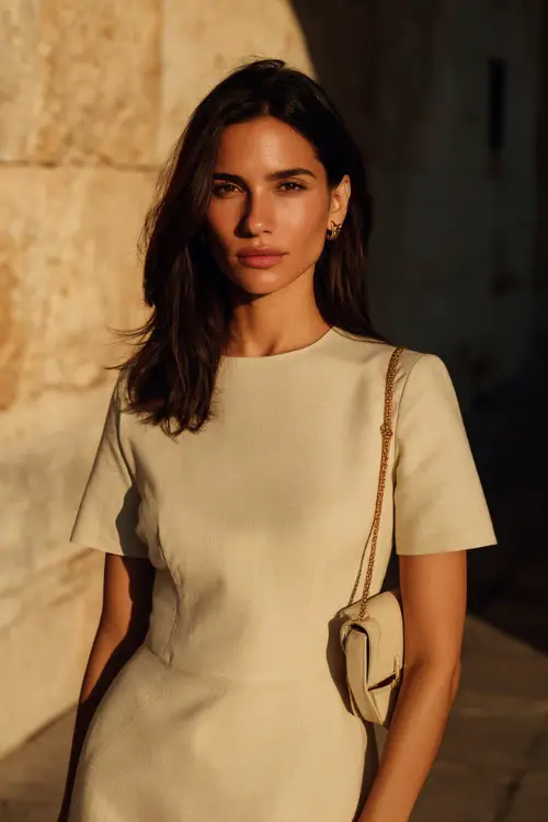 A woman wearing a soft beige midi dress with clean lines, styled with a structured mini bag and simple stud earrings 