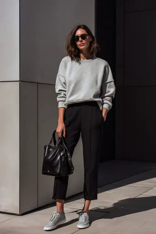 A woman wearing a soft gray sweatshirt paired with tailored black ankle trousers, styled with minimalist sneakers and a leather shoulder bag