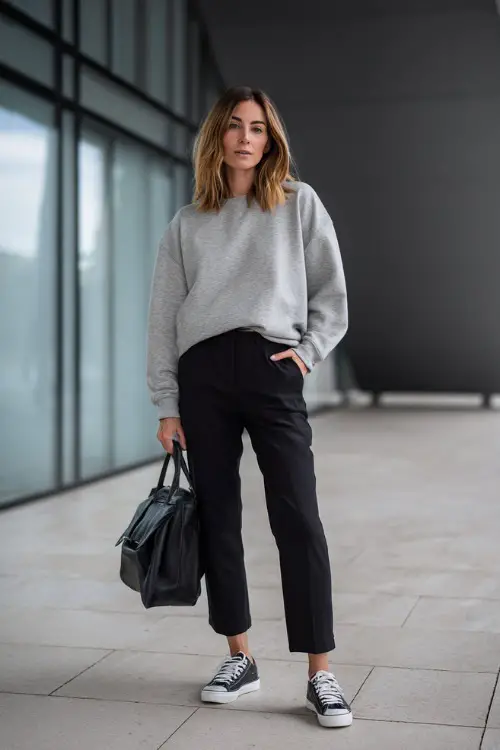 A woman wearing a soft gray sweatshirt paired with tailored black ankle trousers, styled with minimalist sneakers and a leather shoulder bag