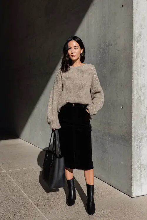 A woman wearing a soft knit neutral sweater styled with a black straight-cut midi skirt, paired with ankle boots and a structured tote 